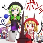  /\/\/\ 4girls :3 apron bat_wings blank_eyes blonde_hair blue_hair chocolate cooking crystal d: eyeball fang flandre_scarlet frills green_eyes green_hair hairband heart heart_of_string highres kameyan komeiji_koishi komeiji_satori looking_at_another multiple_girls musical_note open_mouth pot purple_hair red_eyes remilia_scarlet shirt short_hair short_sleeves siblings simple_background sisters slit_pupils smile surprised sweatdrop third_eye touhou white_background wide_sleeves wings 