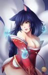  1girl ahri alternate_hair_color animal_ears bare_shoulders black_hair breasts cleavage detached_sleeves facial_mark fang fox_ears fox_tail highres korean_clothes large_breasts league_of_legends lips long_hair multiple_tails open_mouth slit_pupils solo tail whisker_markings yellow_eyes 