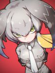  1girl arms_behind_back bangs belt bird blush breast_pocket breasts eyebrows_visible_through_hair green_eyes grey_hair grey_shirt head_wings kemono_friends long_hair looking_at_viewer low_ponytail makina00 multicolored_hair necktie pocket ponytail shirt shoebill shoebill_(kemono_friends) short_sleeves shorts simple_background solo 