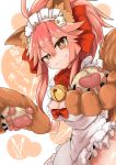  1girl :3 absurdres animal_ears apron bell bell_collar blush_stickers breasts cleavage collar ekake_iru fang fate/grand_order fate_(series) fox_ears fox_tail hair_ribbon highres large_breasts long_hair looking_at_viewer maid_headdress naked_apron paws pink_hair ribbon solo tail tamamo_(fate)_(all) tamamo_cat_(fate) translation_request yellow_eyes 