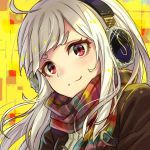  &gt;:3 1girl :3 absurdres ahoge albino bangs close-up closed_mouth duffel_coat headphones highres kusano_shinta long_hair looking_at_viewer original rainbow red_eyes scarf smile solo thick_eyebrows upper_body white_hair 