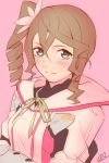  1girl alisha_diphda aqua_eyes artist_name blush gauntlets hair_between_eyes highres looking_at_viewer pink_background side_drill simple_background solo tales_of_(series) tales_of_zestiria ubo_tales 