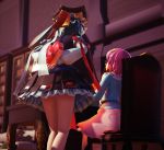  3d 3girls absurdres arm_ribbon bare_legs chair chocolate green_skirt hat heart-shaped_box hiding highres juliet_sleeves kaze_(bluewind) komeiji_koishi komeiji_satori long_sleeves mikumikudance miniskirt multiple_girls petticoat pleated_skirt puffy_sleeves ribbon shiki_eiki short_hair sitting skirt touhou upskirt valentine 