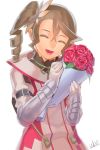  1girl :d alisha_diphda artist_name bouquet brown_hair closed_eyes flower gauntlets long_hair open_mouth rose side_drill simple_background smile solo tales_of_(series) tales_of_zestiria ubo_tales white_background 
