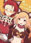  1boy 1girl alternate_costume animal_ears bare_shoulders blonde_hair blush breasts brown_eyes cat_ears cat_tail cleavage closed_eyes collar commentary_request djeeta_(granblue_fantasy) embarrassed english fake_animal_ears gloves granblue_fantasy hairband halloween halloween_costume happy_halloween highres looking_at_viewer maru_(maruplum) percival_(granblue_fantasy) red_eyes redhead short_hair smile tail 