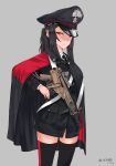  1girl 3: absurdres arx-160 assault_rifle black_hair black_legwear cloak closed_mouth cowboy_shot eotech folding_stock foregrip grey_background gun half-closed_eyes hat highres italian_flag laser_sight looking_at_viewer military military_hat military_uniform original peaked_cap ponytail red_eyes rifle sidelocks simple_background sling solo ssamjang_(misosan) thigh-highs twitter_username uniform weapon 