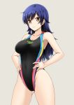  1girl bare_shoulders black_swimsuit blue_hair blush breasts brown_eyes competition_swimsuit covered_navel fuuma_nagi gluteal_fold grey_background hands_on_hips long_hair looking_at_viewer one-piece_swimsuit original smile solo speedo_(company) standing swimsuit wavy_hair 