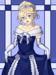  1girl :d alisha_diphda aqua_eyes blue_dress blush_stickers crown dress elbow_gloves gloves hair_between_eyes lips looking_at_viewer open_mouth skirt_hold smile solo tales_of_(series) tales_of_zestiria ubo_tales 