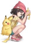  1girl bag beanie black_eyes black_hair blush female_protagonist_(pokemon_sm) from_side full_body green_shorts hat lips looking_to_the_side miimmiim3333 nail_polish off_shoulder phone pikachu pink_lips pink_nails poke_ball pokemon pokemon_(game) red_hat red_shoes ribbon scrunchie shirt shoes short_hair shorts simple_background sitting solo tied_shirt white_background wrist_scrunchie yellow_ribbon yellow_shirt 