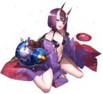  1girl alcohol bangs breasts cup fate/grand_order fate_(series) horns japanese_clothes kikugetsu kimono looking_at_viewer navel oni open_mouth purple_hair sake short_hair shuten_douji_(fate/grand_order) small_breasts smile solo violet_eyes 