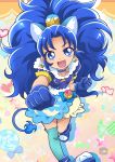  1girl :d animal_ears artist_request blue_boots blue_eyes blue_gloves blue_hair blue_legwear blue_skirt boots cat_ears cat_tail clenched_hand cure_gelato earrings extra_ears eyelashes fang food_themed_hair_ornament gloves hair_ornament happy highres jewelry kirakira_precure_a_la_mode lion_ears lion_tail long_hair looking_at_viewer magical_girl open_mouth precure single_thighhigh skirt smile solo source_request tail tategami_aoi teeth thigh-highs 