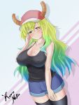  1girl artist_name bangs bare_shoulders baseball_cap black_eyes black_legwear black_shirt blonde_hair blue_hair blue_shorts blush breasts cleavage closed_mouth collarbone cowboy_shot dragon_girl dragon_horns erect_nipples eyebrows_visible_through_hair gradient gradient_eyes gradient_hair green_eyes green_hair hair_between_eyes half-closed_eyes hand_to_head hand_up hat heterochromia horns kobayashi-san_chi_no_maidragon kuro_neko_7 large_breasts legs_together long_hair looking_at_viewer multicolored multicolored_eyes multicolored_hair pink_hat pocket quetzalcoatl_(maidragon) shirt short_shorts shorts sleeveless sleeveless_shirt slit_pupils smile solo tank_top thigh-highs wavy_hair yellow_pupils 