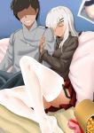 1boy 1girl absurdres arm_grab bed closed_eyes dog_tags faceless faceless_male garter_straps girls_frontline hair_ornament hairclip highres mole mole_under_eye mossberg_m590_(girls_frontline) silver_hair smile sweater tan thigh-highs turtleneck turtleneck_sweater valentine 黑灵 