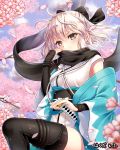  1girl bangs black_bow black_legwear black_scarf blue_eyes blush bow cherry_blossoms covering_mouth fate/grand_order fate_(series) haguda_tofu_(hakudatofu) hair_bow highres japanese_clothes katana kimono koha-ace long_sleeves obi petals sakura_saber sash scarf short_hair short_kimono silver_hair solo sword thigh-highs weapon wide_sleeves 