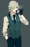  1boy coffee edmond_dantes_(fate/grand_order) fate/grand_order fate_(series) glasses gloves grey_background hand_in_pocket highres jacket male_focus simple_background smoking solo wavy_hair white_hair yellow_eyes 