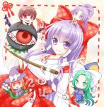  5girls bow braid brown_hair capelet evil_eye_sigma flower gohei green_eyes green_hair hair_bow hair_tubes hakama hakurei_reimu hakurei_reimu_(pc-98) hat japanese_clothes katana kirisame_marisa kirisame_marisa_(pc-98) long_hair meira miko mima multiple_girls one-eyed purple_hair ranran_(iaotak) red_eyes redhead rika_(touhou) sheath sheathed smile staff story_of_eastern_wonderland sword touhou touhou_(pc-98) twin_braids very_long_hair violet_eyes weapon wide_sleeves wings witch_hat wizard_hat 