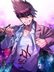  1boy dangan_ronpa facial_hair galaxy_print goatee grin jacket jacket_on_shoulders kiseru looking_at_viewer male_focus momota_kaito new_dangan_ronpa_v3 pipe purple_hair purple_jacket shinonoko_(tubamecider) short_hair sky smile solo space_print spiky_hair star star_(sky) starry_sky starry_sky_print upper_body v-neck violet_eyes 