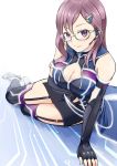  1girl arm_support black_gloves blush breasts brown_hair cleavage cleavage_cutout dress elbow_gloves garter_straps glasses gloves himu_hifumi idolmaster idolmaster_cinderella_girls idolmaster_cinderella_girls_starlight_stage large_breasts long_hair looking_at_viewer smile solo thigh-highs violet_eyes white_background yagami_makino 