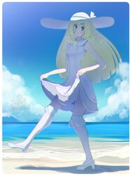  1girl bangs bare_shoulders beach blue_sky blunt_bangs blush braid clouds day dress dress_lift full_body hat high_heels highres kneehighs lillie_(pokemon) long_hair looking_to_the_side ocean outdoors pokemon pokemon_(game) pokemon_sm rowlet skirt skirt_lift sky sleeveless sleeveless_dress sun_hat twin_braids walking white_dress 