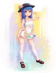  1girl absurdres bare_arms bare_shoulders blue_hair breasts child collarbone colored_eyelashes contrapposto dress hat highres hinanawi_tenshi long_hair microdress mofashi_beibei red_eyes sleeveless sleeveless_dress small_breasts smile touhou white_dress white_legwear 