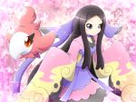  1girl black_eyes black_hair blush bow butterfly choker closed_mouth floral_print gu-rahamu_omega_x gym_leader hair_ornament japanese_clothes kimono leaning_forward long_hair long_sleeves looking_at_viewer mache_(pokemon) petals pink_bow pokemon pokemon_(creature) pokemon_(game) pokemon_xy purple_bow sidelocks smile sparkle spritzee standing v-neck very_long_hair wide_sleeves 