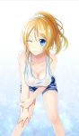  1girl ayase_eli bent_over blonde_hair blue_shorts blush breasts cleavage collarbone downblouse hati_(19870119hy) long_hair love_live! love_live!_school_idol_project medium_breasts no_bra shirt shorts smile solo sweat wet_shirt white_shirt wink 