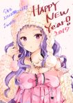  1girl 2017 :o absurdres bangs bare_shoulders beige_background bow breasts cleavage collarbone hair_ornament hairclip happy_new_year hat highres jewelry knit_hat kotoyoro long_hair looking_at_viewer medium_breasts necklace new_year original parted_lips purple_hair simple_background solo upper_body violet_eyes wavy_hair yoshida_iyo 