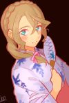  1girl alisha_diphda alternate_hairstyle aqua_eyes artist_name black_background blush bow braid brown_hair hair_between_eyes hair_bow japanese_clothes kimono long_hair obi sash simple_background solo tales_of_(series) tales_of_zestiria ubo_tales yukata 