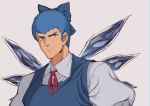  1boy blue_eyes blue_hair chirico_cuvie cirno cirno_(cosplay) commentary_request cosplay eyebrows fairy_wings genderswap genderswap_(ftm) grey_background highres ice ice_wings male manly parody puffy_short_sleeves puffy_sleeves short_hair short_sleeves solo soukou_kihei_votoms space_jin touhou upper_body wings 
