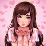  1girl absurdres blown_kiss brown_eyes brown_hair casual commentary commentary_request d.va_(overwatch) eyebrows eyelashes facial_mark head_tilt heart highres lips long_hair looking_at_viewer overwatch pink pink_background solo umigraphics whisker_markings 
