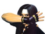  1boy 90s black_gloves black_hair brown_eyes covering_face fingerless_gloves gakuran gloves headband kusanagi_kyou male_focus mori_toshiaki official_art realistic school_uniform short_hair short_sleeves snk solo the_king_of_fighters thick_eyebrows 