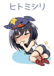  1girl ass asymmetrical_hair bare_shoulders black_hair brown_eyes chibi garchomp gloves hair_between_eyes hat headphones highres i-13_(kantai_collection) kamelie kantai_collection partly_fingerless_gloves pokemon sailor_collar school_swimsuit short_hair single_glove solo sparkle swimsuit translated 