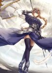  1girl armor bangs black_legwear blue_eyes boots braid breasts closed_mouth dutch_angle eyebrows_visible_through_hair fate/apocrypha fate_(series) faulds feathers full_body gauntlets headpiece highres holding_flag legs_crossed light_rays long_hair looking_at_viewer medium_breasts outdoors ruler_(fate/apocrypha) saijou_yukina single_braid smile solo standard_bearer standing sunbeam sunlight thigh-highs thighs 