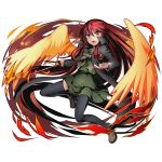  1girl alastor_(shakugan_no_shana) black_legwear bow bowtie cape divine_gate eyebrows_visible_through_hair fire floating_hair full_body green_bow green_shirt green_skirt hair_between_eyes highres holding holding_sword holding_weapon long_hair official_art one_leg_raised open_mouth orange_wings pleated_skirt red_eyes redhead school_uniform shakugan_no_shana shana shirt skirt solo sword thigh-highs transparent_background ucmm very_long_hair weapon zettai_ryouiki 