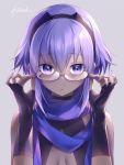  1girl assassin_(fate/prototype_fragments) dark_skin fate/prototype fate/prototype:_fragments_of_blue_and_silver fate_(series) glasses kousaki_rui looking_at_viewer open_mouth purple_hair scarf short_hair simple_background solo violet_eyes 