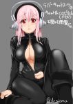  1girl biker_clothes bikesuit blush bodysuit breasts cleavage deni_m headphones large_breasts long_hair looking_at_viewer nitroplus open_mouth pink_hair red_eyes solo super_sonico unzipping zipper 