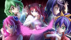  5girls bracelet bracelet_girls card duel_disk gouyokunahimaji highres hiiragi_yuzu jewelry kurosaki_ruri multiple_girls multiple_persona ray_(yuu-gi-ou_arc-v) rin_(yuu-gi-ou_arc-v) serena_(yuu-gi-ou_arc-v) twintails yu-gi-oh! yuu-gi-ou_arc-v 