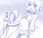  adjusting_hair armpits arms_up atra_mixta bare_shoulders bikini blush clouds cloudy_sky cross-laced_clothes dutch_angle gundam gundam_tekketsu_no_orphans highres kudelia_aina_bernstein long_hair looking_at_viewer midriff monochrome navel ogry_ching open_mouth outstretched_hand ponytail short_hair short_shorts shorts side-tie_bikini sky smile swimsuit very_long_hair 