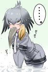  ... 1girl black_gloves bodystocking eating eyebrows_visible_through_hair gloves gradient_hair grey_hair grey_shirt head_wings kemono_friends low_ponytail mouth_hold multicolored_hair necktie orange_hair pantyhose shirt shoebill_(kemono_friends) short_sleeves side_ponytail solo wading water wet wet_clothes yellow_eyes youkan 