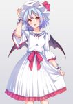  1girl :d arm_up bat_wings blue_hair blush collarbone cowboy_shot dress eyebrows_visible_through_hair fang frilled_dress frilled_sleeves frills grey_background hat hat_ribbon head_tilt junior27016 long_sleeves looking_at_viewer mob_cap open_mouth pointy_ears red_eyes red_ribbon remilia_scarlet ribbon short_hair simple_background skirt_hold smile solo standing touhou white_dress white_hat wings wrist_cuffs 