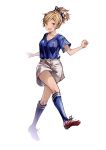  1girl :d absurdres adidas bangs blonde_hair blue_legwear blush bow breasts brown_eyes cleats eyebrows_visible_through_hair full_body granblue_fantasy_(style) hair_bow highres kneehighs looking_at_viewer medium_breasts open_mouth original ponytail ribbed_legwear shorts simple_background smile soccer_uniform solo sportswear swept_bangs white_background white_bow white_shorts yoshida_iyo 