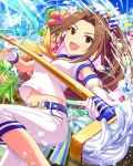  1girl aino_nagisa artist_request belt blue_sky bow breasts brown_eyes brown_hair card_(medium) chains gloves hair_bow idolmaster idolmaster_cinderella_girls long_hair long_ponytail looking_at_viewer mop navel official_art open_mouth ponytail sailor_collar sky smile solo striped tree water 