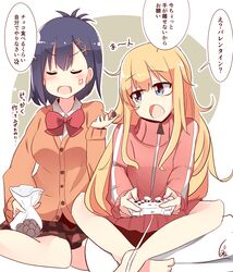  2girls blonde_hair blush cardigan closed_eyes controller feeding gabriel_dropout game_controller hair_ornament hairclip highres long_hair multiple_girls open_mouth pachio purple_hair short_hair skirt tenma_gabriel_white translation_request tsukinose_vignette_april violet_eyes x_hair_ornament yuri 