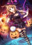  1girl absurdres black_dress black_hat bow breasts brown_eyes brown_hair cape cleavage dress eyebrows_visible_through_hair floating_hair halloween halloween_costume hat highres holding kuria_(clear_trip_second) long_hair looking_at_viewer love_live! love_live!_school_idol_project magic_circle medium_breasts minami_kotori one_leg_raised open_mouth pumpkin purple_bow shiny shiny_skin sleeveless sleeveless_dress solo staff striped striped_legwear thigh-highs zettai_ryouiki 