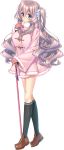  1girl absurdres amakano_~second_season~ aqua_eyes black_legwear blush cane coat crossed_bangs full_body gloves hand_on_own_face highres kneehighs kutsuno_kanade loafers long_hair looking_at_viewer official_art one_side_up pink_hair pinky_out piromizu shoes smile solo transparent_background wavy_hair 