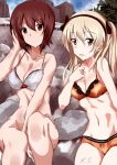  2girls adjusting_hair bangs black_ribbon bottomless bow bow_bra bow_panties bra breasts brown_eyes brown_hair closed_mouth day girls_und_panzer hair_ribbon light_brown_hair long_hair looking_at_viewer medium_breasts multiple_girls nishizumi_maho open_mouth orange_bra orange_panties outdoors panties ribbon rock shimada_arisu shino_(ten-m) short_hair sitting small_breasts underwear underwear_only white_bra 