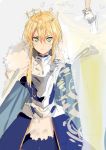  1girl armor artoria_pendragon_lancer_(fate/grand_order) blonde_hair crown fate/grand_order fate_(series) glowing green_eyes long_hair looking_at_viewer nesume polearm rhongomyniad saber solo spear weapon 