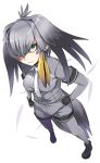  1girl absurdres bangs belt bird black_shoes bodystocking bodysuit breast_pocket breasts eyebrows_visible_through_hair feathers green_eyes grey_hair grey_legwear grey_shirt hand_on_hip head_wings highres kemono_friends long_hair looking_at_viewer looking_up low_ponytail lying multicolored_hair necktie on_side outline pantyhose pocket shirt shoebill shoebill_(kemono_friends) shoes short_sleeves shorts side_ponytail simple_background solo speech_bubble standing tail white_background yuuki_shin 