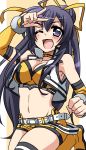  1girl ;d bare_shoulders belt blush boots breasts buckle carrie_tercel cleavage crop_top detached_sleeves female groin hair_ribbon leg_up long_hair lyrical_nanoha midriff navel one_eye_closed open_mouth purple_hair ribbon shiny shiny_hair shorts simple_background smile solo tatsuko_(tat88) thigh-highs vest violet_eyes vivid_strike! w white_background 