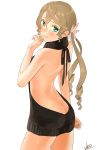  1girl alisha_diphda alternate_hairstyle artist_name ass bare_back blush butt_crack drill_hair green_eyes hair_ornament highres looking_at_viewer looking_back meme_attire simple_background solo tales_of_(series) tales_of_zestiria twin_drills ubo_tales virgin_killer_sweater white_background 